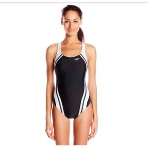 Speedo Womens Performance One Piece Swimsuit Black White Stripe Racerback Size 8